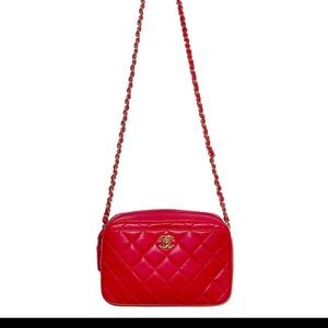 CHANEL Lambskin Quilted Camera Case Red